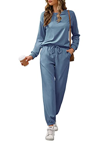 REORIA Womens Long Sleeve Crewneck Solid Color Two Piece Outfit Hoodie Jogger Tracksuit Set Sweatshirt & Sweatpants Grey Blue M