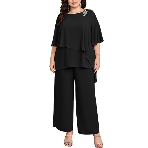 Hanna Nikole Trouser Suit Women Plus Size Two-Piece Batwing Sleeves Cape Sleeves Rhinestones Loose Round Neck Chiffon Shirt High Waist Elegant High Waist Long Pants Black 20 Plus