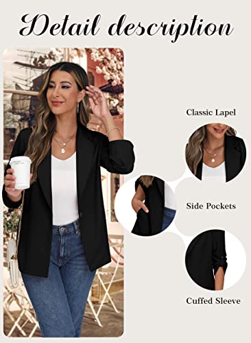 PrinStory Womens Blazer Suit Open Front Cardigan Adjustable Sleeve Work Office Blazer Jacket with Buttons Pockets (Black, 18-20)