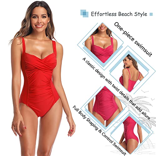 Joweechy Womens One Piece Swimsuit Tummy Control Swimming Costume Vintage Twist Ruched Swimwear Bathing Suit Plus Size(M,R)