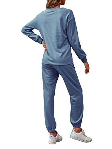 REORIA Womens Long Sleeve Crewneck Solid Color Two Piece Outfit Hoodie Jogger Tracksuit Set Sweatshirt & Sweatpants Grey Blue M