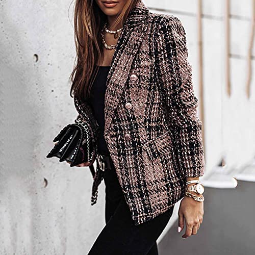 AMhomely Jackets for Women UK Clearance, Women Business Vintage Print Suit Slim Double Breasted Blazer Jacket Sale Ladies Loose Cardigans Shirt Coat Jackets Trench Topcoats Promotion Brown, XL