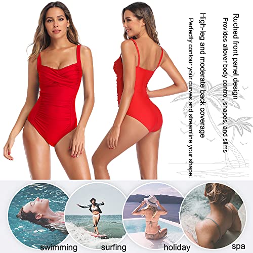 Joweechy Womens One Piece Swimsuit Tummy Control Swimming Costume Vintage Twist Ruched Swimwear Bathing Suit Plus Size(M,R)