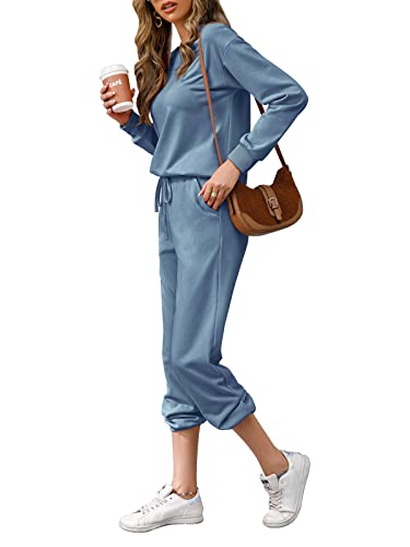 REORIA Womens Long Sleeve Crewneck Solid Color Two Piece Outfit Hoodie Jogger Tracksuit Set Sweatshirt & Sweatpants Grey Blue M