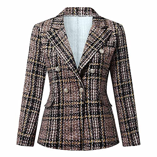 AMhomely Jackets for Women UK Clearance, Women Business Vintage Print Suit Slim Double Breasted Blazer Jacket Sale Ladies Loose Cardigans Shirt Coat Jackets Trench Topcoats Promotion Brown, XL