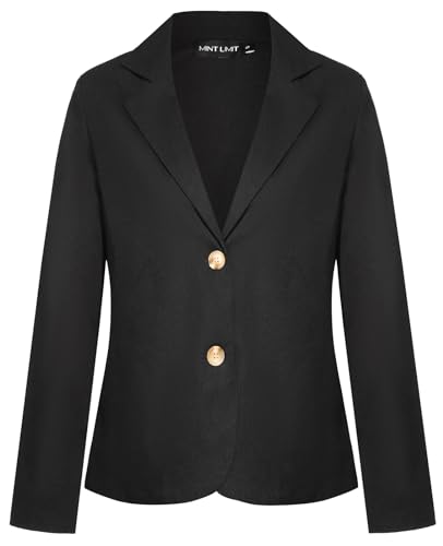 MINTLIMIT Linen Women Black Blazer with 2 Buttons Stylish Comfortable Casual Workwear (Black XL)