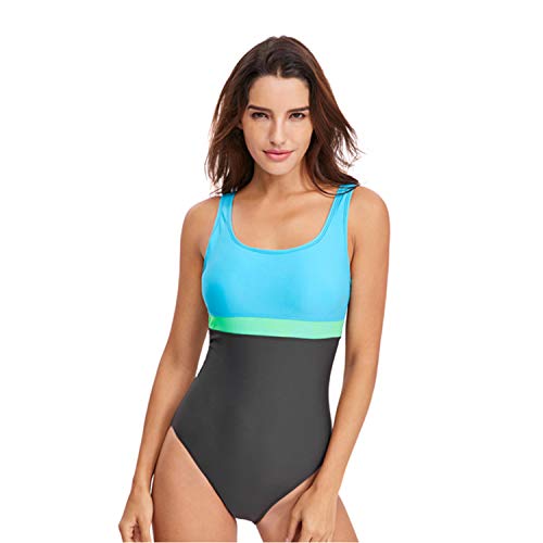 Womens One Piece Swimsuit Tummy Control Swimming Costume Slimming Monokini Push Up Swimwear Splicing Striped Sports Scoopback Bathing Suit with Removable Foam Cups Athletic Padded Swimsuits
