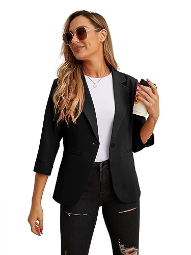 GRECERELLE Women's Blazer Suit Elegant 3/4 Sleeve Jackets Business Casual Work Office Blazer Jacket Suiting & Blazers Cardigans with Pockets Button for Ladies (Black, 16)