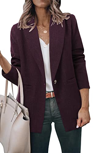 KISSMODA Women's Open Front Blazer Casual Lightweight Plaid Roll Up Sleeve Jacket Shirt Heather Dark Purple Medium