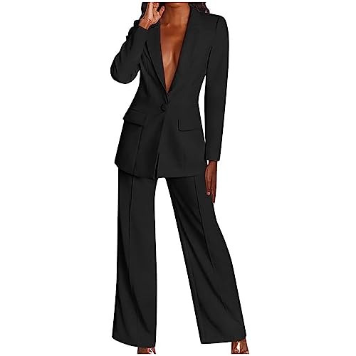Womens Business Blazer Suits + Trousers 2 Piece Sets Elegant Wedding Gest Outfit Ladies Long Sleeve Lapel Button Jacket Coat Black Outerwear Long Pants Suits Office Work Formal Outfits