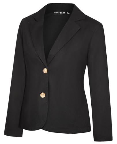 MINTLIMIT Linen Women Black Blazer with 2 Buttons Stylish Comfortable Casual Workwear (Black XL)