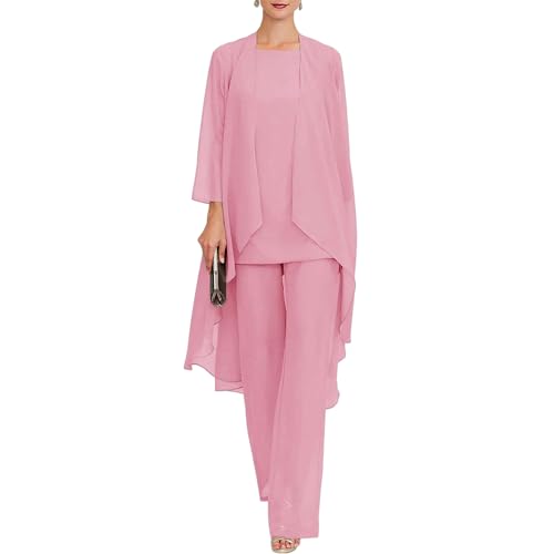 Azazaza Womens 3 Pieces Chiffon Mother of The Bride Pants Suits Cardigan Sleeveless Vest Top Trousers Set Elegant Wedding Guest Formal Evening Gown Pink
