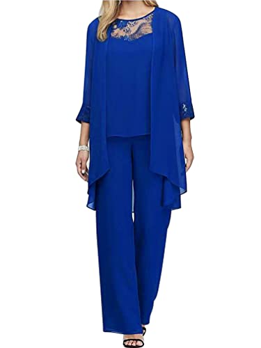 renvena Mother of The Bride Dress Pant Suits Women Plus Size Chiffon 3 Pieces Wedding Guest Evening Outfit Blue XL
