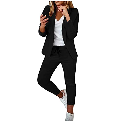 AMhomely Women's Two-Piece Suit Set Plain Trouser Suit Long Sleeve Notched No Button Blazer Jacket + Suit Pants Solid Work Business Office Casual Smart Outfits Sets Uniform UK Black XL