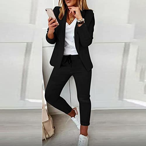 AMhomely Women's Two-Piece Suit Set Plain Trouser Suit Long Sleeve Notched No Button Blazer Jacket + Suit Pants Solid Work Business Office Casual Smart Outfits Sets Uniform UK Black XL