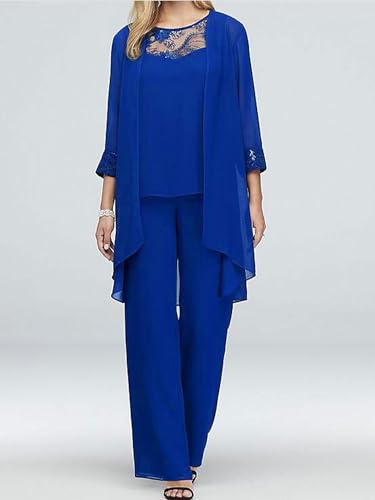 renvena Mother of The Bride Dress Pant Suits Women Plus Size Chiffon 3 Pieces Wedding Guest Evening Outfit Blue XL