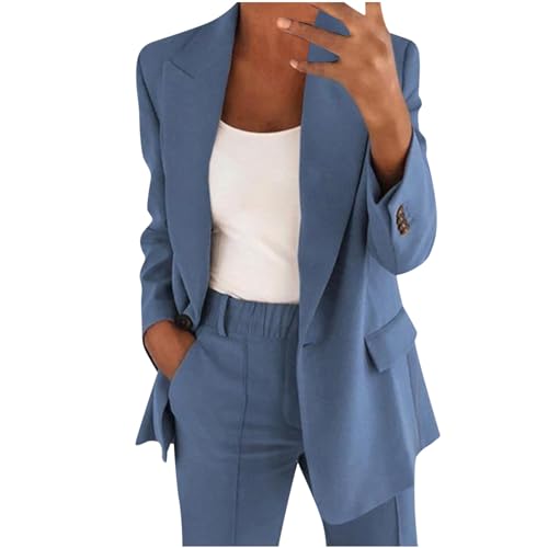 AMhomely Women's 2 Piece Outfit Blazer Sets Elegant Business Work Wear Vintage Classic Solid Color Ruched Sleeve Oppen Front Suit Jacket and Straight Leg Pencil Pants Trousers Suits