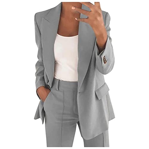 Women's Elegant Wedding Suit 2 Piece Outfits Set Long Sleeve Button Blazer with High Waist Pants for Business Work Office Formal Trouser Suits Two Piece Ladies Blazer Suit Gray