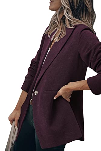 KISSMODA Women's Open Front Blazer Casual Lightweight Plaid Roll Up Sleeve Jacket Shirt Heather Dark Purple Medium