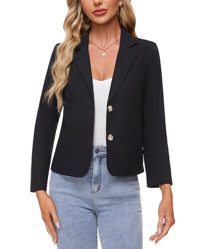 MINTLIMIT Linen Women Black Blazer with 2 Buttons Stylish Comfortable Casual Workwear (Black XL)