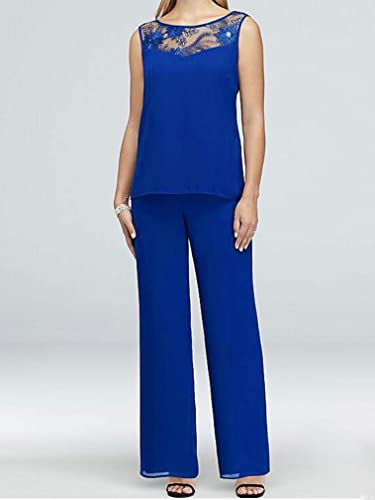 renvena Mother of The Bride Dress Pant Suits Women Plus Size Chiffon 3 Pieces Wedding Guest Evening Outfit Blue XL