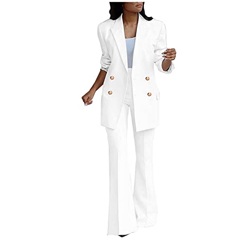 Women's Two-Piece Suit Set Plain Trouser Suit Long Sleeve Notched Double Breasted Blazer Jacket + Bootcut Suit Pants Solid Work Business Office Casual Smart Suit Sets Ladies UK Clearance White
