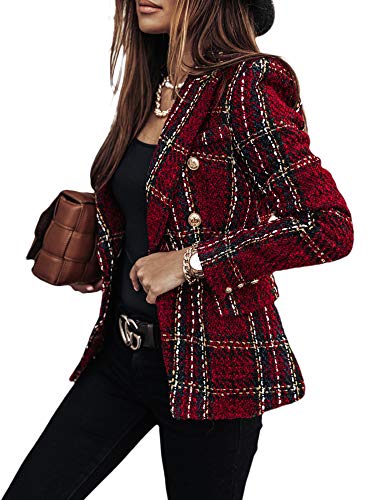 FeMereina Womens Tartan Blazers Suit Long Sleeve Lapel Collar Jacket Double Breast Houndstooth Suit Tops for Work Office (Wine Red, XL)