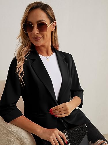 GRECERELLE Women's Blazer Suit Elegant 3/4 Sleeve Jackets Business Casual Work Office Blazer Jacket Suiting & Blazers Cardigans with Pockets Button for Ladies (Black, 16)