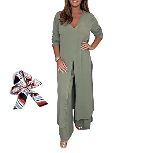 Casual Two Pieces Suit with Long Top & Matching Trouser, Fitness Sets for Women 2 Piece (Green, 2XL)