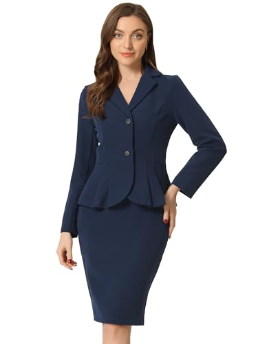 Allegra K Business 2 Piece Suit Set for Women's Long Sleeve Notched Lapel Peplum Blazer Pencil Skirts Navy XL