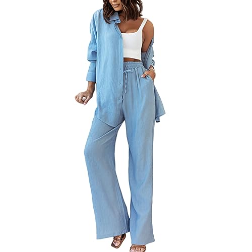 Azazaza Women 2 Piece Casual Cotton Linen Pants Outfits Long Sleeve Button Down Shirt Wide Leg Pants Matching Set Loungewear Set Vacation Outfit