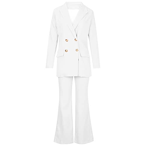 Women's Two-Piece Suit Set Plain Trouser Suit Long Sleeve Notched Double Breasted Blazer Jacket + Bootcut Suit Pants Solid Work Business Office Casual Smart Suit Sets Ladies UK Clearance White
