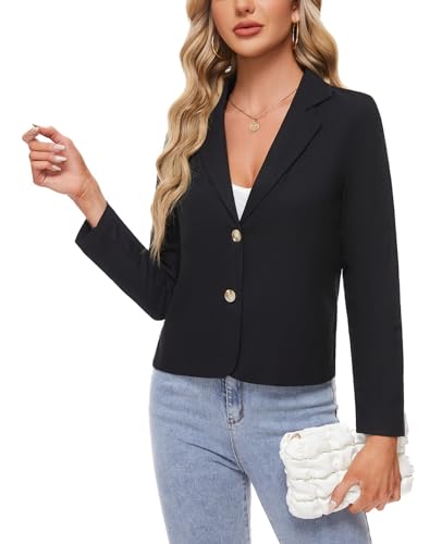 MINTLIMIT Linen Women Black Blazer with 2 Buttons Stylish Comfortable Casual Workwear (Black XL)