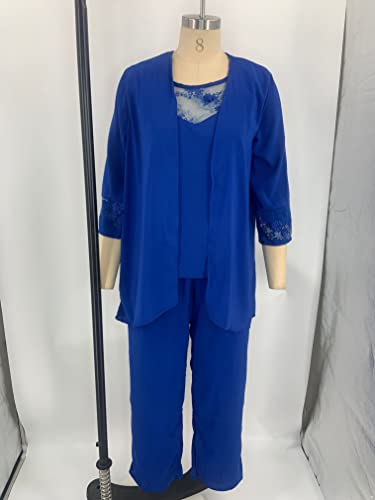 renvena Mother of The Bride Dress Pant Suits Women Plus Size Chiffon 3 Pieces Wedding Guest Evening Outfit Blue XL