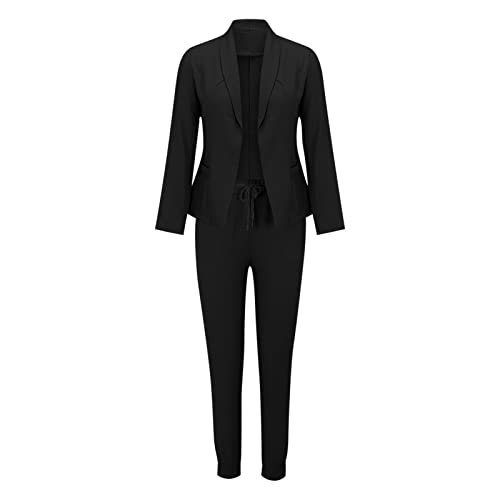 AMhomely Women's Two-Piece Suit Set Plain Trouser Suit Long Sleeve Notched No Button Blazer Jacket + Suit Pants Solid Work Business Office Casual Smart Outfits Sets Uniform UK Black XL
