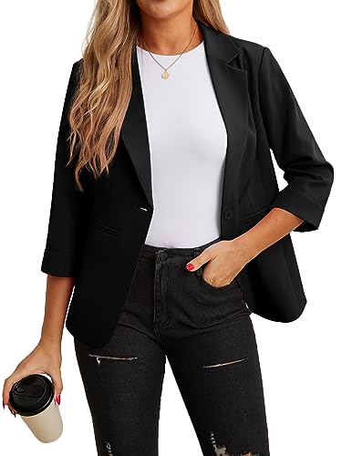 GRECERELLE Women's Blazer Suit Elegant 3/4 Sleeve Jackets Business Casual Work Office Blazer Jacket Suiting & Blazers Cardigans with Pockets Button for Ladies (Black, 16)