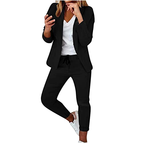 AMhomely Women's Two-Piece Suit Set Plain Trouser Suit Long Sleeve Notched No Button Blazer Jacket + Suit Pants Solid Work Business Office Casual Smart Outfits Sets Uniform UK Black XL