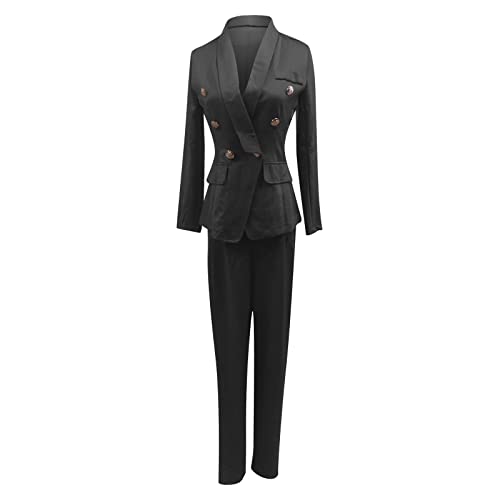 AMhomely Women's Blazer Set Two Piece Outfits Jackets with Pants Suit Business Office Formal Elegant Long Sleeve Lapel Button Jacket High Waisted Slim Fit Trouser Sale Black, M