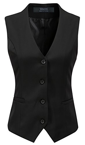 V VOCNI Women's Fully Lined 4 Button V-Neck Economy Dressy Suit Vest Waistcoat,Black,UK S (Fit Bust 33.5"-35.4")-Tag XL