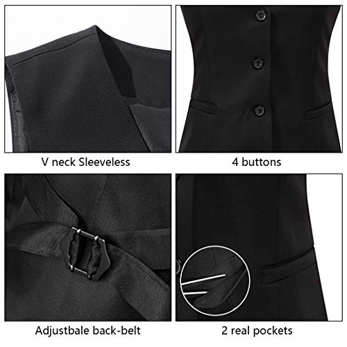 V VOCNI Women's Fully Lined 4 Button V-Neck Economy Dressy Suit Vest Waistcoat,Black,UK S (Fit Bust 33.5"-35.4")-Tag XL