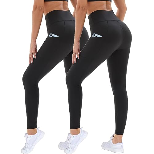 DDOBB 2 Pack Leggings for Women High Waisted Black Gym Leggings with Pockets Tummy Control Stretchy Pants Trousers for Fitness Yoga Running Regular Plus Size
