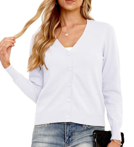 GRECERELLE Summer Cardigan Loose Long Sleeve Knitwear Cardigan V Neck Long Sleeve Cardigans for Women UK (White, L)