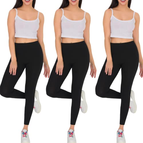 Maria Angel Ladies Pack of 3 Full Length Cotton Leggings Ultra Soft Fabric Workout Gym Yoga Stretchy Pants (Medium) Black