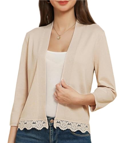 GRACE KARIN Ladies’ Elegant Casual Cardigans Slim Fit Open Front Summer Lightweight 3/4 Sleeve Beach Cover Cute Sweater for Dress M Size 14 Apricot
