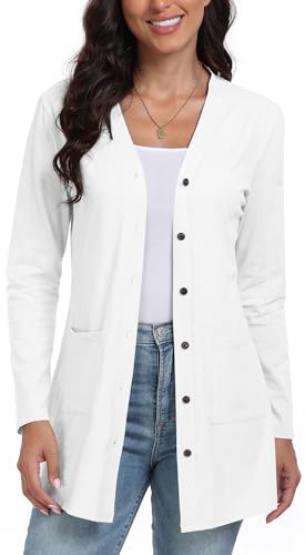 YUNDAI Women's Open Front Lightweight Knitted Solid Color Cardigan Long Sleeve Button Down Loose Sweater with Pockets, Large White