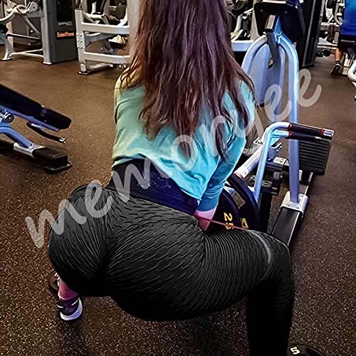 Memoryee Women's Honeycomb Waffle Leggings Ruched Butt Lift High Waisted Chic Sport Tummy Control Plus Size Workout Gym Yoga Stretchy Pants/Black/M