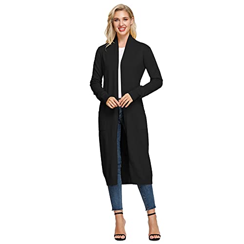GRACE KARIN Women Lightweight Knitted Warm Maxi Long Cardigans V Neck Soild Colour Casual Cardigan L Black