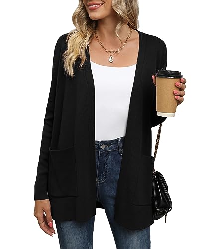 Yommay Cardigan for Women Loose Casual Lightweight Ladies Long Sleeve V-Neck Knitted Sweaters with Pockets,Black,XL