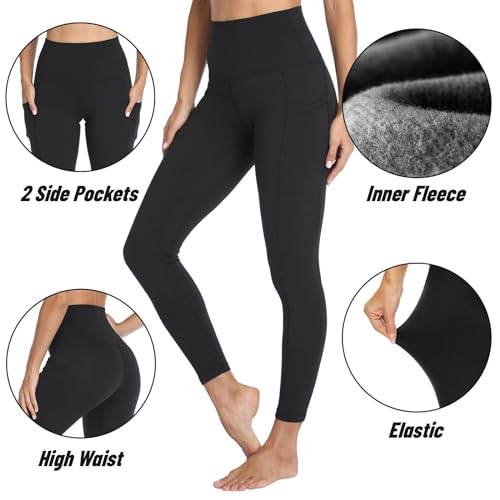 AMIYOYO Thermal Leggings Women with Pockets High Waist Fleece Lined Leggings Warm Winter Fur Yoga Pants Tummy Control Trousers Soft Stretchy Tights Workout Yoga Gym Running(Black,S-M)