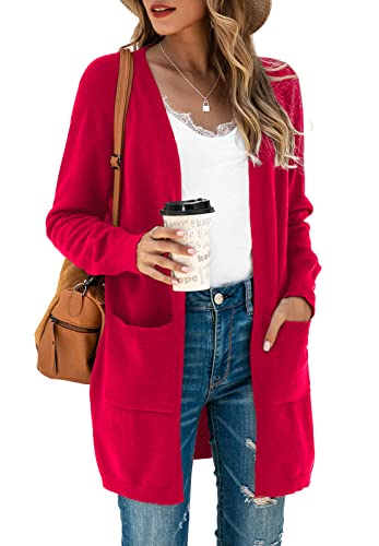 TASAMO Women's Long Sleeve Cardigans with Pockets Knit Ribbed Neckline Sweater(X-Large,Red)